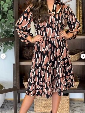 Umgee Black, Brown & Cream Abstract Tiered Midi Dress